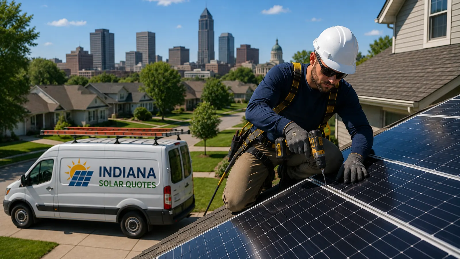 Solar panel installer working on a residential roof in Indiana
