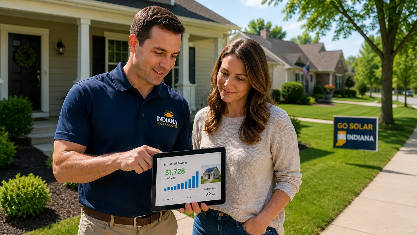 Solar advisor discussing estimated savings with a homeowner in Indiana